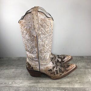 J.B. Dillon Arrowleaf Women’s Cream Floral Inlay Western Cowboy Boots Size 9 B